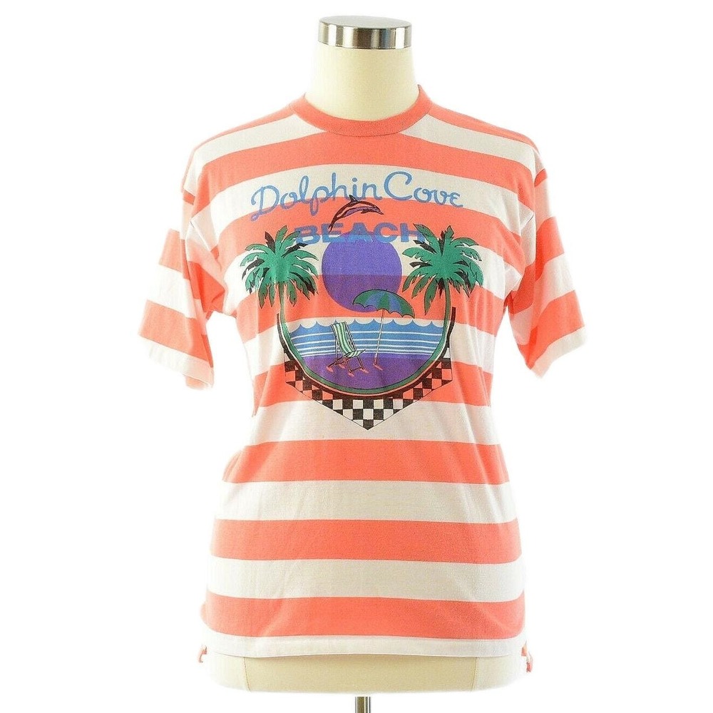 90s Vintage Womens Striped Beach Tee Shirt M Peach White Graphic T Shirt USAMade